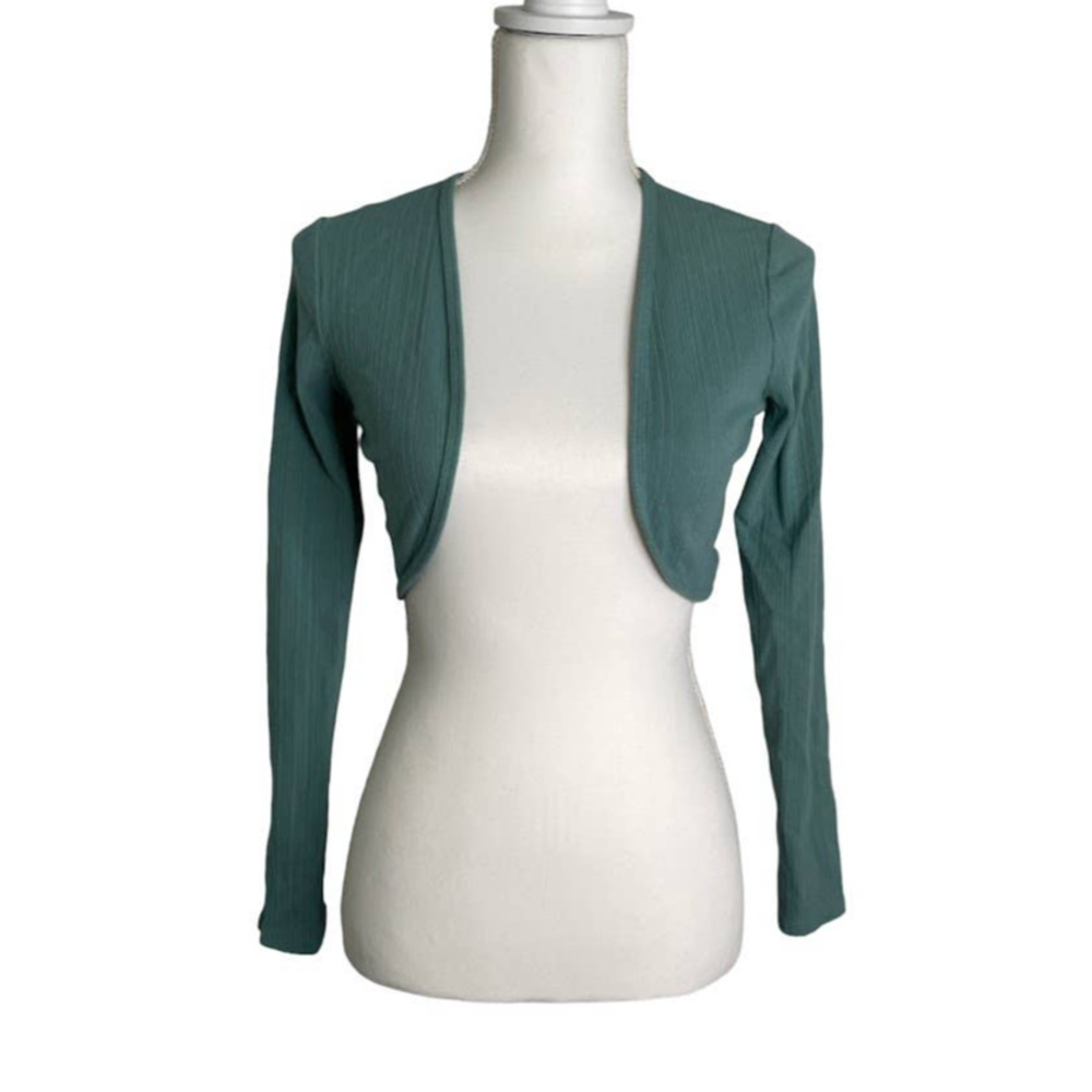 Aeropostale Medium Green Rib Knit Cropped Shrug Cardigan Long Sleeve Open Front